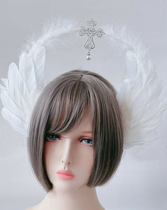 Women White Feather Cross Gothic Halo Hair Hoop Headband Crown Tiara Fascinator