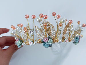 Women Beige Flower Girl gold Leaf Pearl Hair Band Headband Prom Tiara Crown