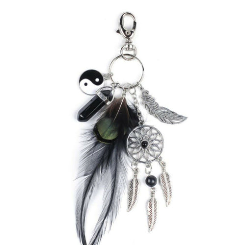 Women Bohemia boho Black Feather Dream Catcher Key Ring holder Keyring gift her