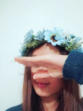 Women Ladies Blue Sun Flower Hair Headband Leaf crown Prop Garland Tiara ribbon