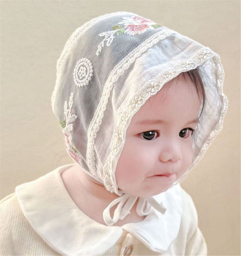 Baby Girl Princess Beige White Lace Embroidery Flower Bonnet Beanie Sun Hat Cap