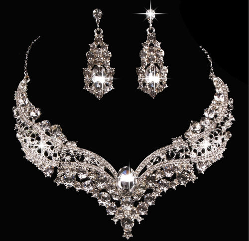 Women Wedding Bride Prom Party Crystal Shine Rhinestone Necklace Earrings Set