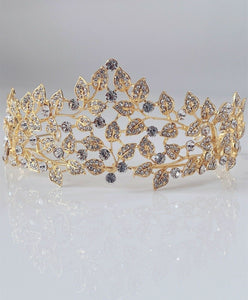 Women Forest Queen Prom Royal Gold Leaf Crystal High Hair Headband Tiara Crown