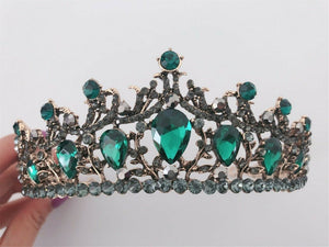 Women Retro Green Crystal Black Queen Party Hair Head Headband Metal Crown Tiara