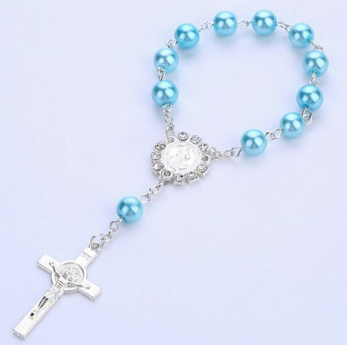 1x Christening Baptism Cross Rosary Bracelet Beads Wrist band Favors Favours Light Blue