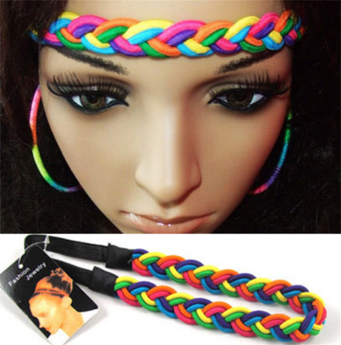 Women Girls Retro 80' 70' BOHO Rainbow Braided Elastic Hair Headband Head band