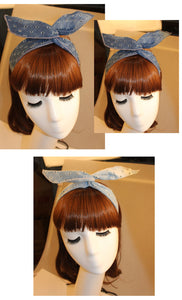Women Girl Retro 70' 80' Ripped Blue Denim wire Bow bunny hair wrap tie headband