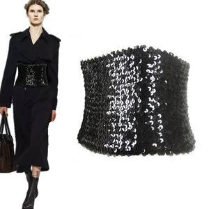 Women Girl Sequins Black Shine bling Party Metallic Dress Corset Wrap Wide Belt
