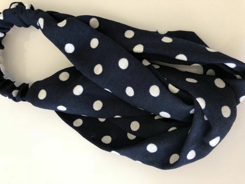 Women Girl 70' 80' Retro Boho Cross Polka Dots Twist hair headband band bandana Navy Blue