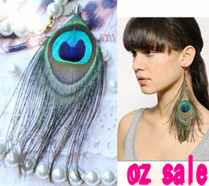 Women Ladies Boho Bohemian Party Peacock Feather Dangle Earrings Ear drop