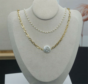 Women Chic Gold color Titanium Plated Pearl Layered Short Chain Necklace