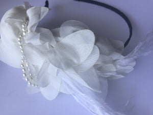 Women Girl White Chiffon Flower Feather Party Hair headband Race fascinator