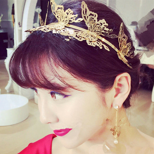 Women Gold Color Butterfly Fairy bride Party Hair Headband Crown Prop Garland