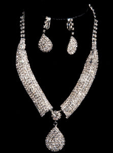 Women Wedding Bride White Crystal Bling Shine Party Short Necklace Earrings Set