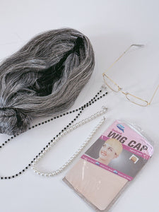 Women Girl Kids Grandma Nana Dressup Silver Grey Hair Wigs Eyeglass Prop 5PC Set