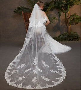3M Women White Bride Embroidery edge long Wedding head hair Veil comb Blusher