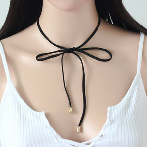 Women Lady Girl retro Boho Synth Leather Tie up Bow Short Neck Choker Necklace