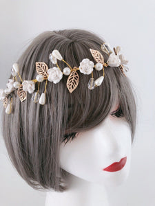 Women slim White flower Golden leaf Party Hair Head band Headband Fascinator