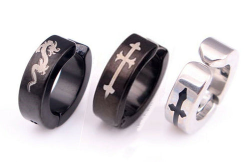 1x Man Women Titanium plated Fake Earrings clip on no ear piercing hole Hoop 1 Piece Black Dragon
