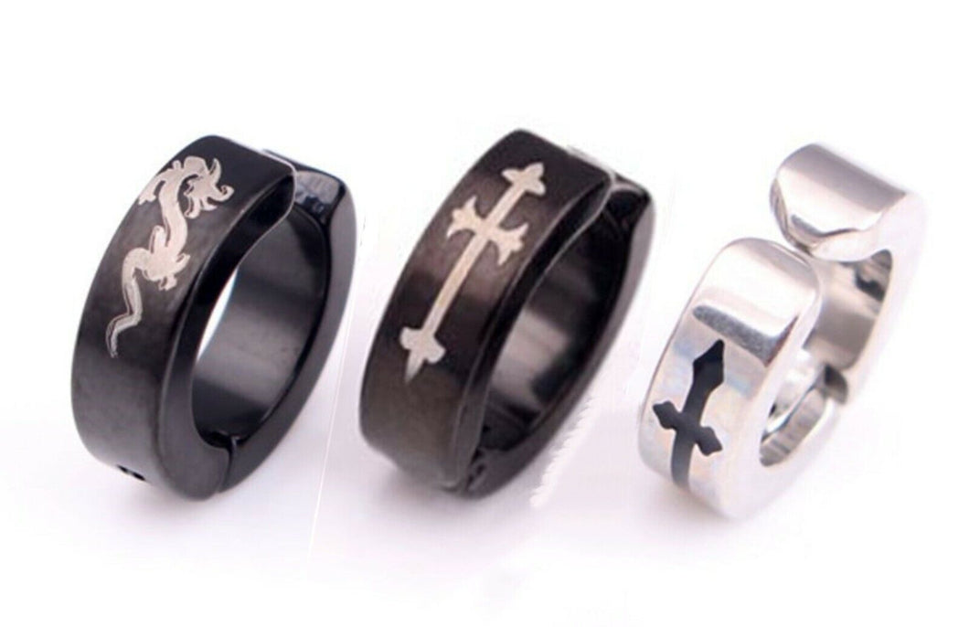 1x Man Women Titanium plated Fake Earrings clip on no ear piercing hole Hoop 1 Piece Black Dragon