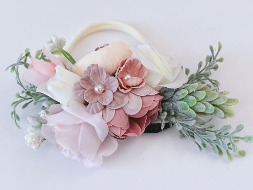 Baby Girl Children Beige White Flower Party Elastic headband hair band Garland