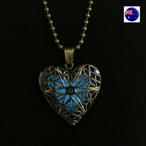 Lady Girl Glow in the dark Blue Heart Shape Luminous Locket Party Necklace her