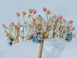 Women Beige Flower Girl gold Leaf Pearl Hair Band Headband Prom Tiara Crown