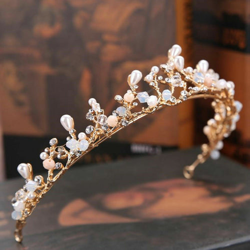 Women lady Gold Pearl Wedding Bride Party Hair Headband Crown Tiara Hairpiece