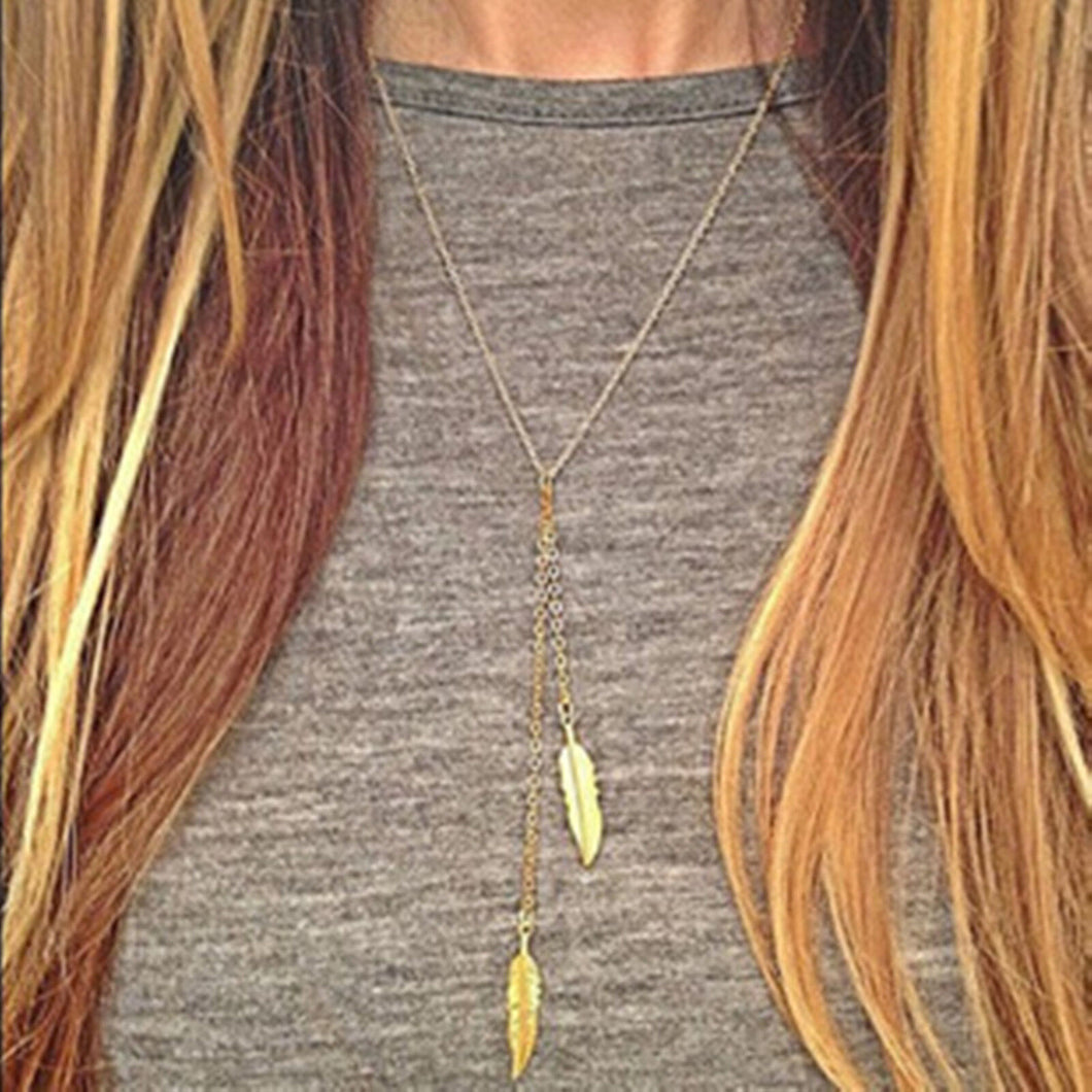 Women Lady Girl Boho Bohemian Gold color Leaf shape Simple Necklace Pendant