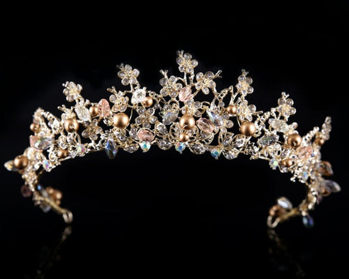 Women Gold Pearl Wedding Bride Party Hair Crystal Headband Crown Tiara Hairpiece