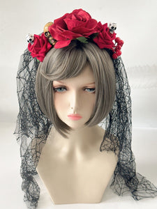 Women Girl Red Rose Skull Black Veil Halloween Party Hair band Headband Tiara