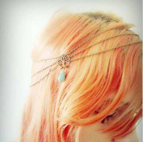 Women Gold color Forehead Boho Peace Tree Hippie Hair Head Cuff Headband Chain