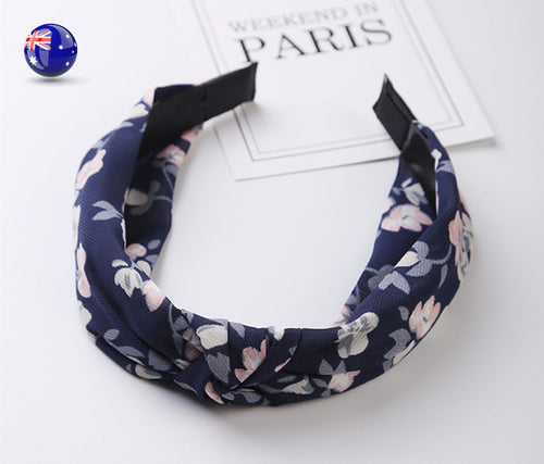 Women lady Girl Navy Blue Chiffon Floral Bow Wide Hair Head band Headband Hoop