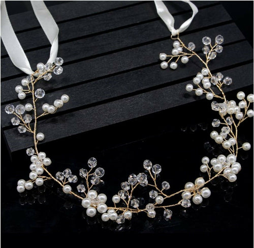 Women Creamy White Pearl wedding Crystal Bridal Hair Headband ribbon Garland