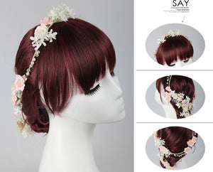 Women Wedding Bride Pink beige Pearl hair head headband + comb clip garland Prop