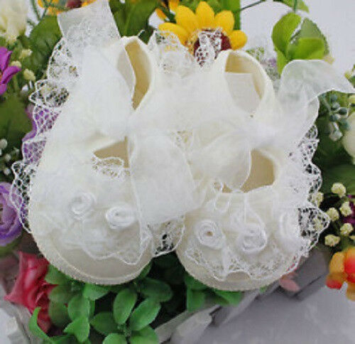 Brand New Baby New born Infant Girls beige Christening Baptism Lace Shoes