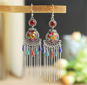 Women Retro Boho Ethic Colorful Earrings Long tassel Hook Drop Dangle Earrings