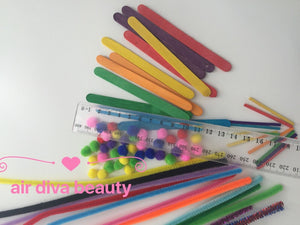 Kids Child 16 Pipe Cleaner Sticks + 40 Pompoms Wooden Pop Stick Paddle Craft Set