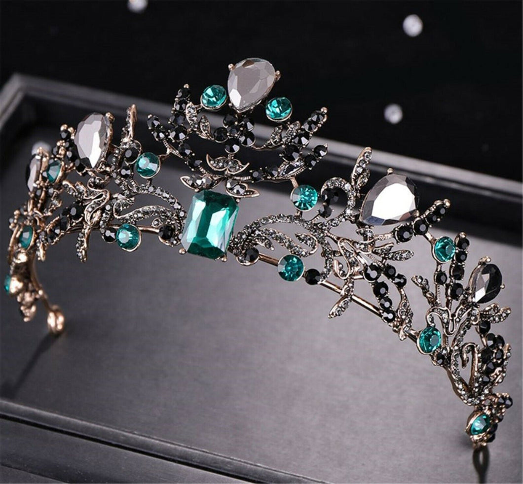 Women Retro Green Black crystal Rhinestone Party Hair Headband Crown Tiara