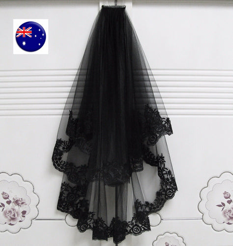 Women Bride Bridal Black Halloween Wedding head hair Lace Party Veil With Comb