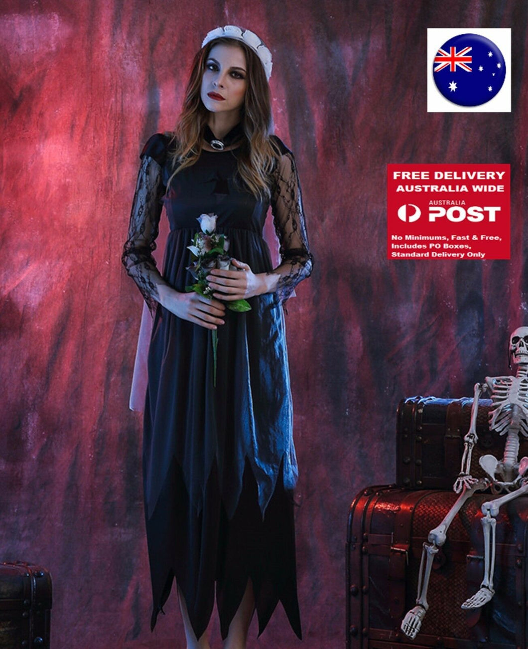 Women Fancy Halloween Vampire Black Corpse Bride Lace Long Dress Costume