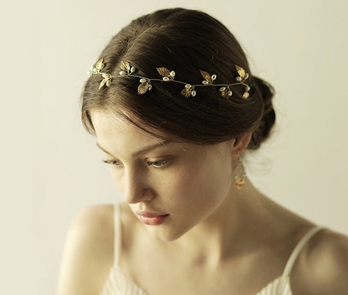 Women wedding gold Color leaf Rice Pearl Bride Hair Head band Headband Garland