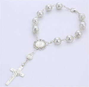 Christening Baptism Cross Silver Color Rosary Bracelet Beads Wrist band Favors