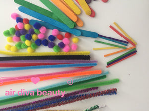 Kids Child 16 Pipe Cleaner Sticks + 40 Pompoms Wooden Pop Stick Paddle Craft Set