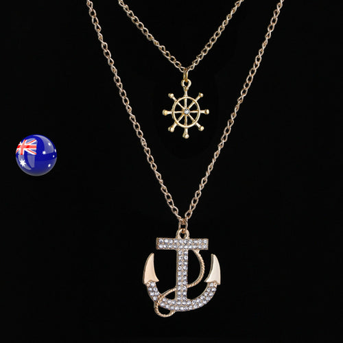 Women Lady Anchor Sailor Gold color Marine Crystal layers Necklace