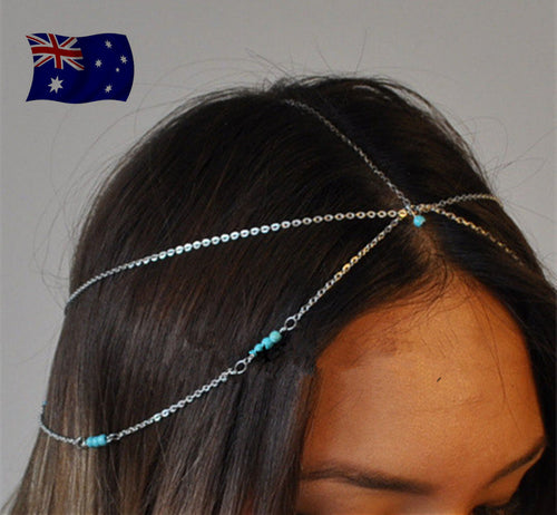 Women Forehead Bohemian Boho Slim Silver color Blue Retro Party Head hair Chain