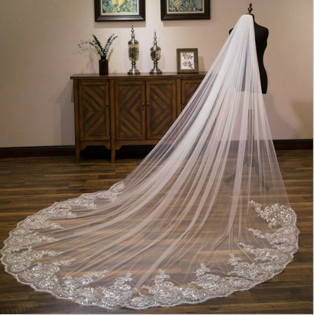 3M Cathedral Wedding Veil – Lace Bridal Veil with Embroidery & Beaded Edge