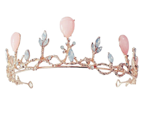 Rose Quartz and moon Crystal Tiara – Delicate Floral Crown for Weddings & Special Occasions