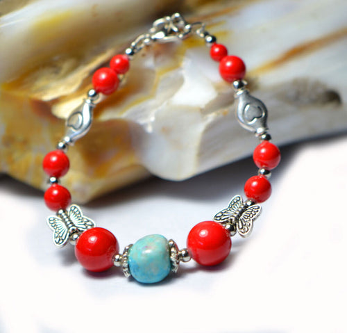 Women Girl Retro BOHO Bohemian Red Turquoise Heart butterfly wrist Bracelet