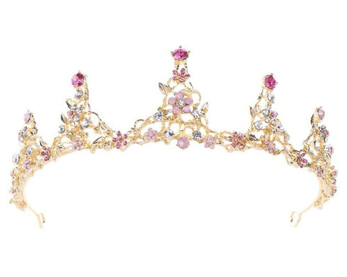 Women Girl Floral Pink Crystal Gold Tiara – Elegant Crown for Weddings, Proms & Special Events